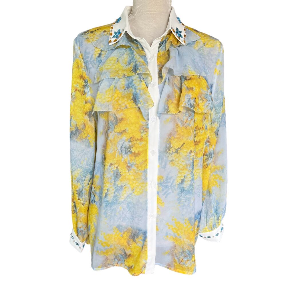 UVM Blouse Button Down Semi Sheer L Crystals Boho Retro